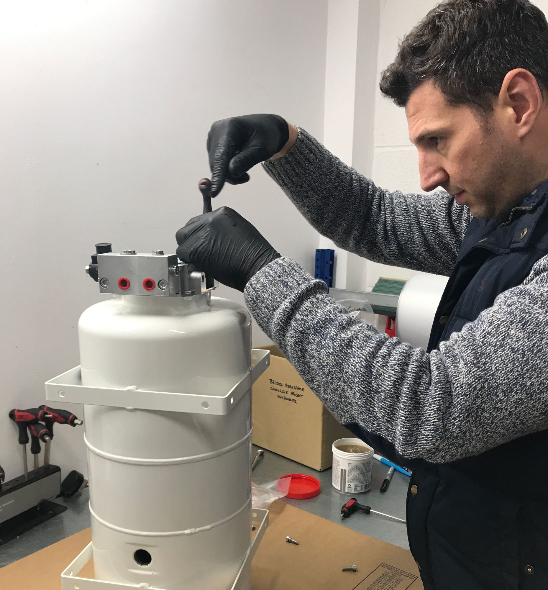 Oliver Starr building the Concorde droop nose hydraulic power pack