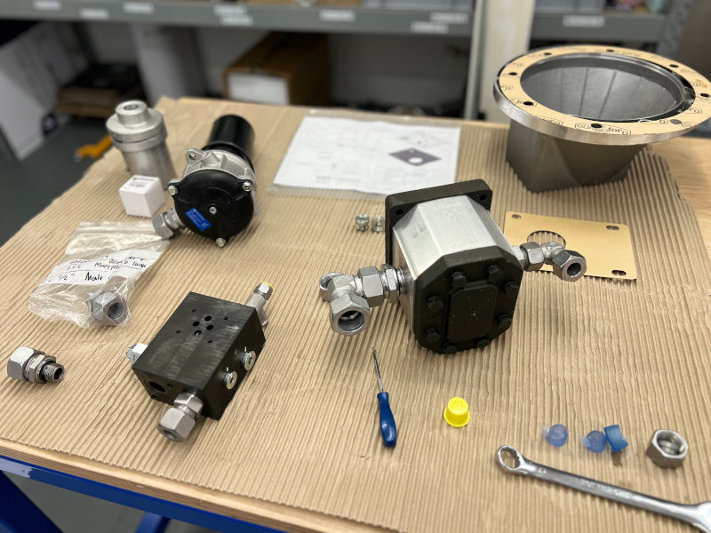 A view of multiple components recently used in a hydraulic power pack assembly by Zeus Hydratech.