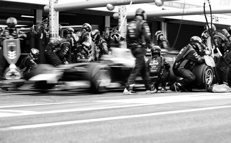 This is an image of a Motorsport pit lane, Motorsport being one of the many industries utilising Zeus Hydratech's Hydraulic power packs.